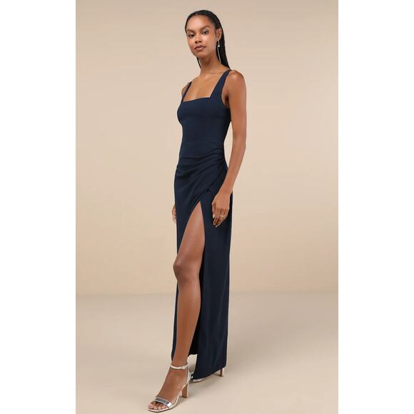 Lulus Glamorous Disposition Navy Ruched Maxi Dress Formal Evening Large NWT - Picture 4 of 12